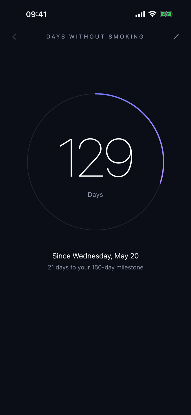A count up counter, 129 days without smoking, with a ring toward the next milestone