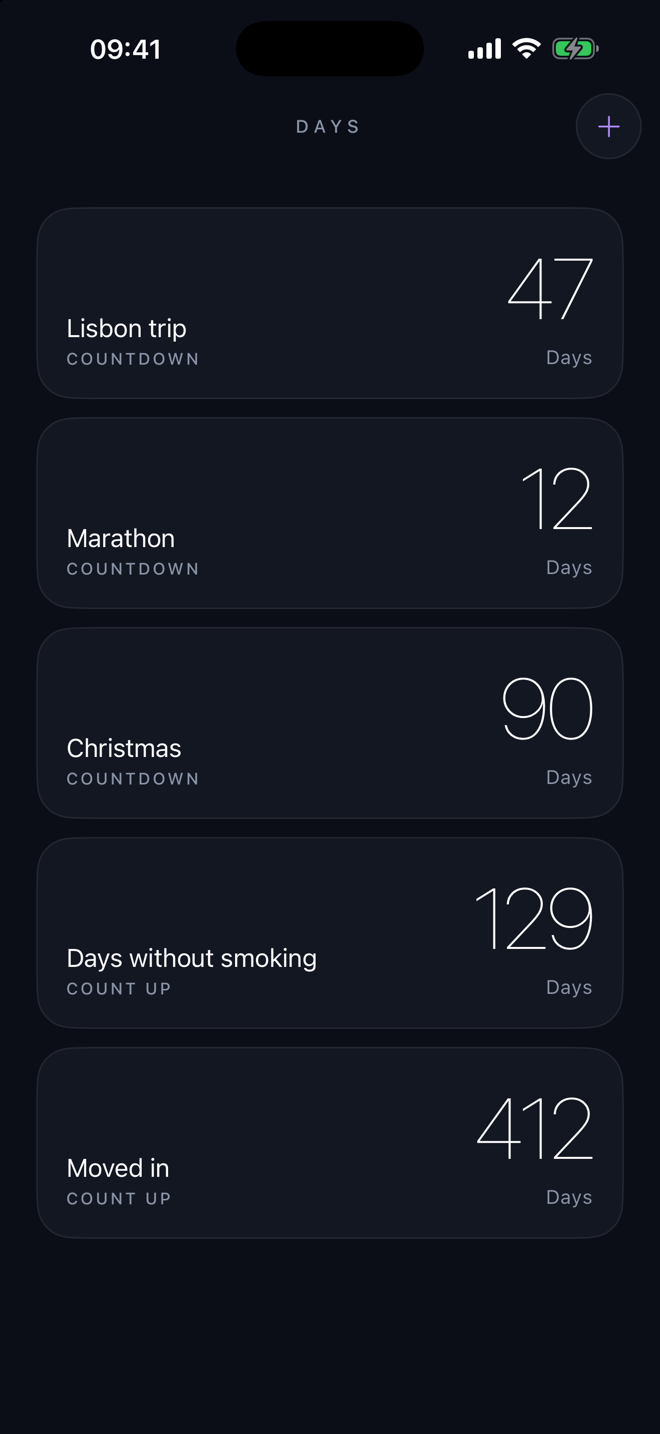 The Days home screen, a list of counters with big thin numbers